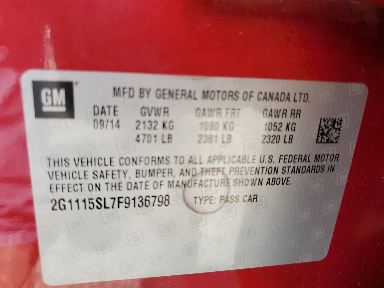 2015 Chevrolet Impala Lt VIN: 2G1115SL7F9136798 Lot: 53944255