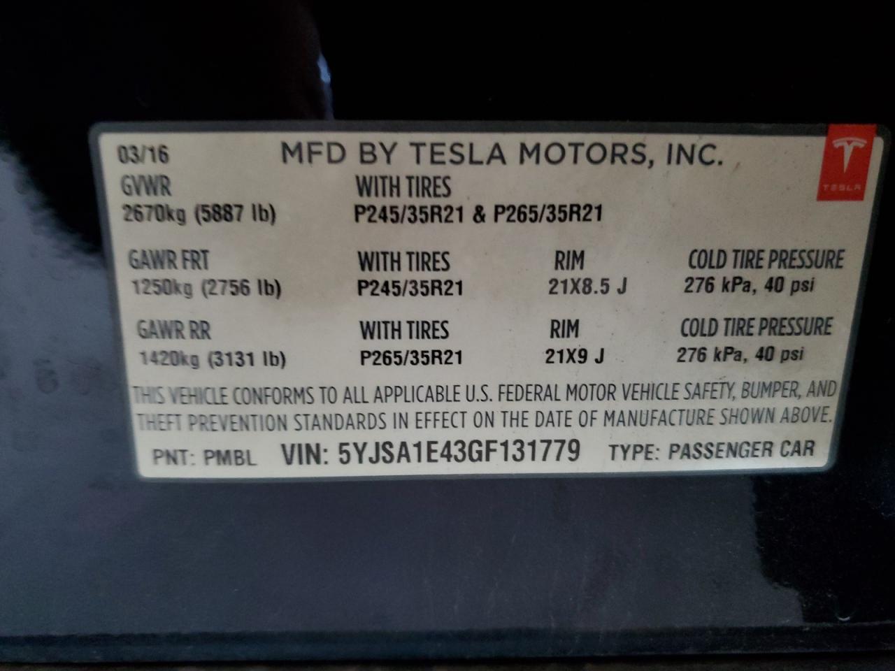 2016 Tesla Model S VIN: 5YJSA1E43GF131779 Lot: 52240785