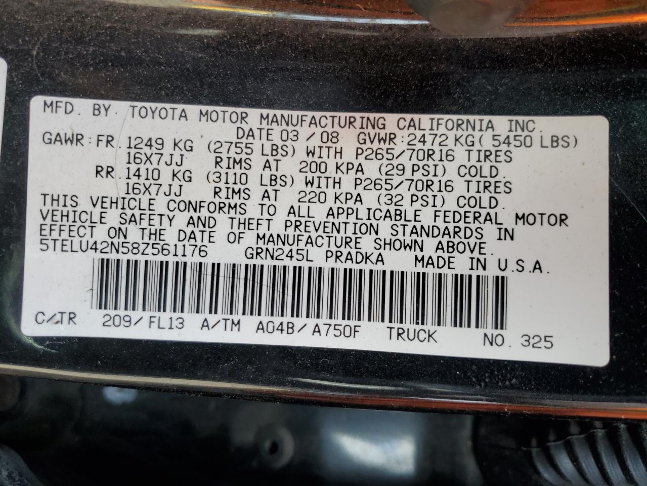 2008 Toyota Tacoma Double Cab VIN: 5TELU42N58Z561176 Lot: 53073115