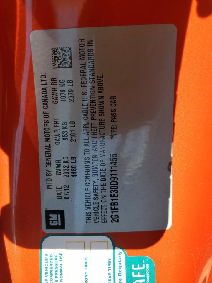 2013 Chevrolet Camaro Lt VIN: 2G1FB1E30D9111455 Lot: 52564275