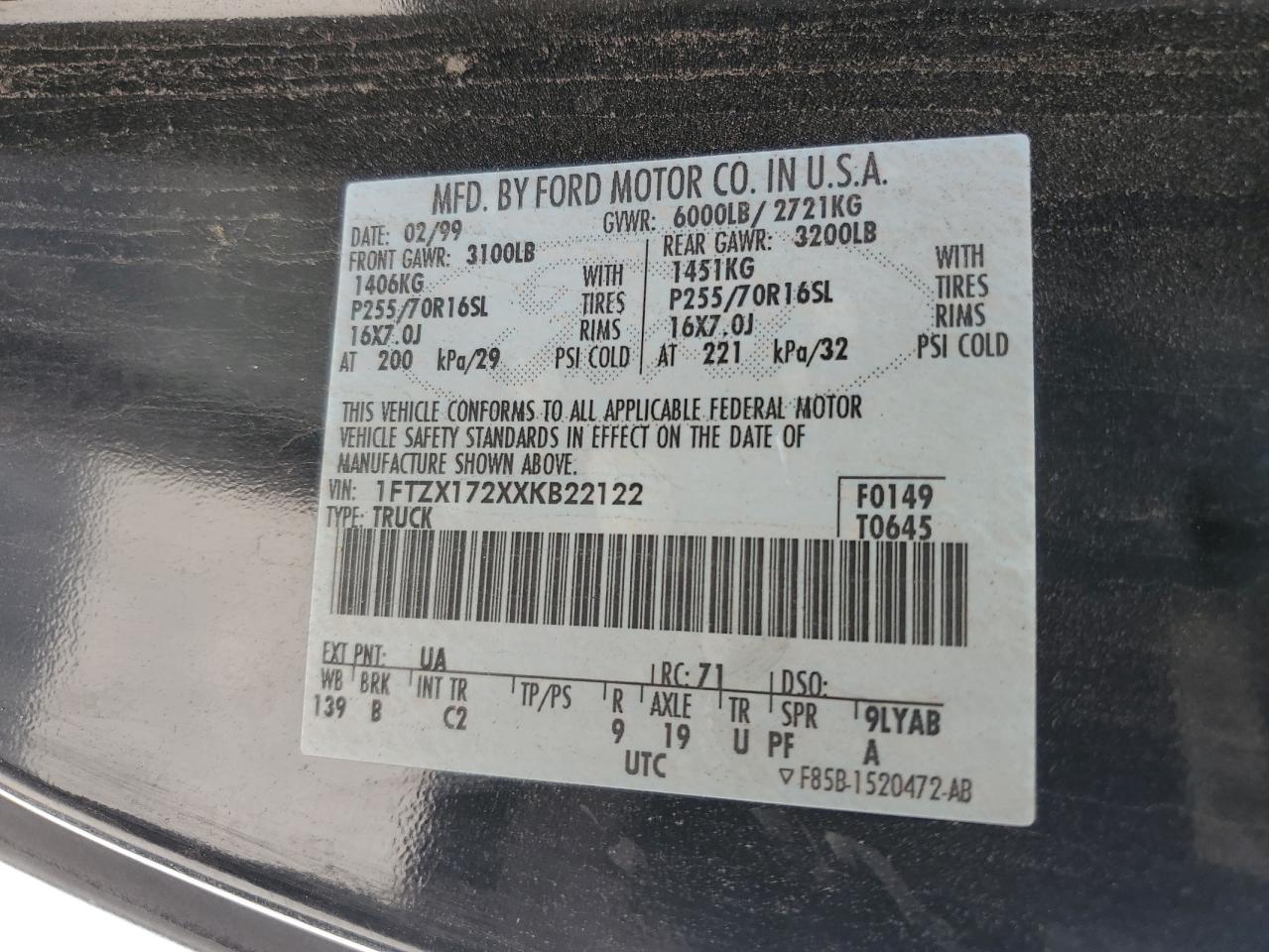 1999 Ford F150 VIN: 1FTZX172XXKB22122 Lot: 52987845