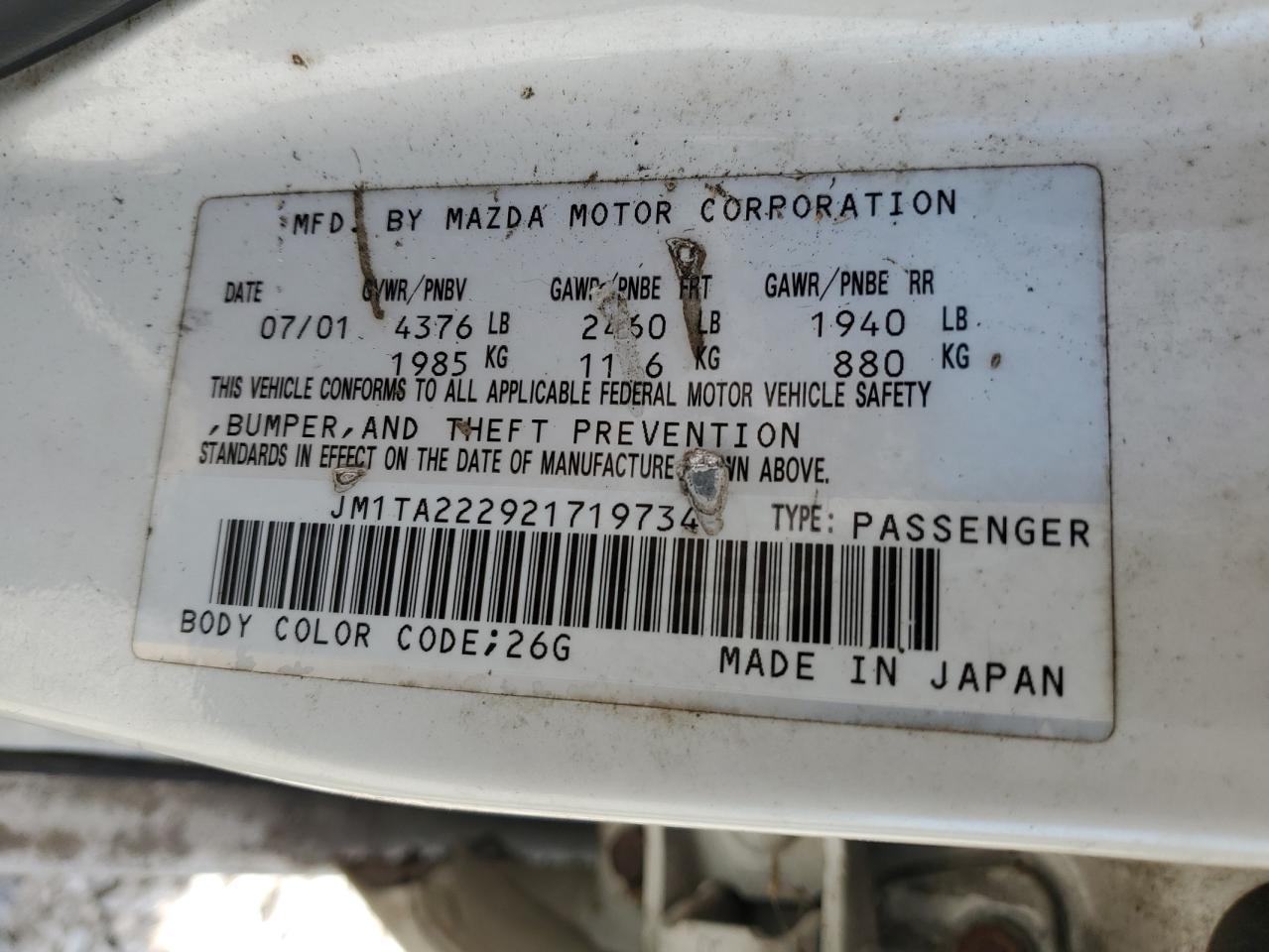 2002 Mazda Millenia S VIN: JM1TA222921719734 Lot: 54915125