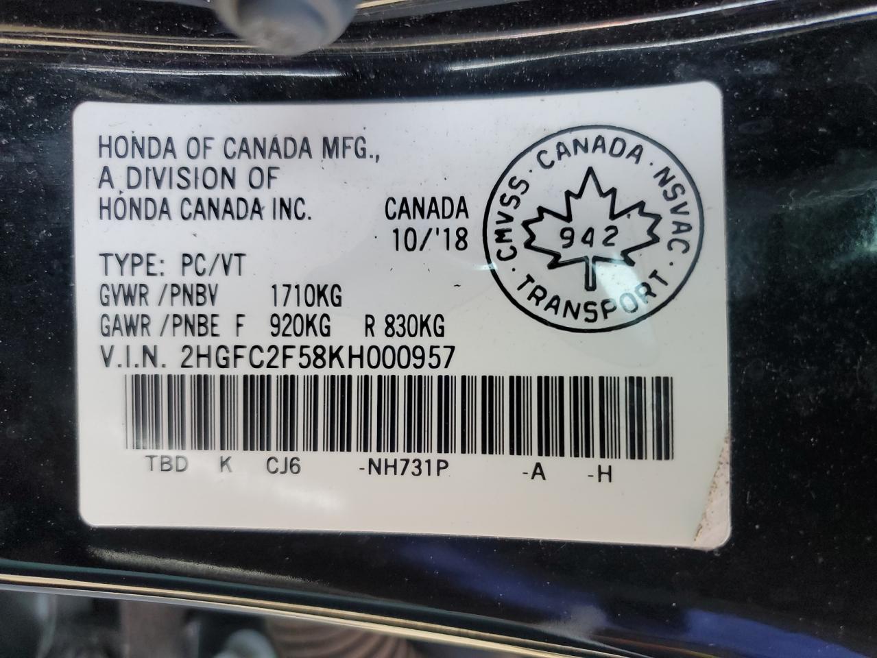 2019 Honda Civic Lx VIN: 2HGFC2F58KH000957 Lot: 50976685