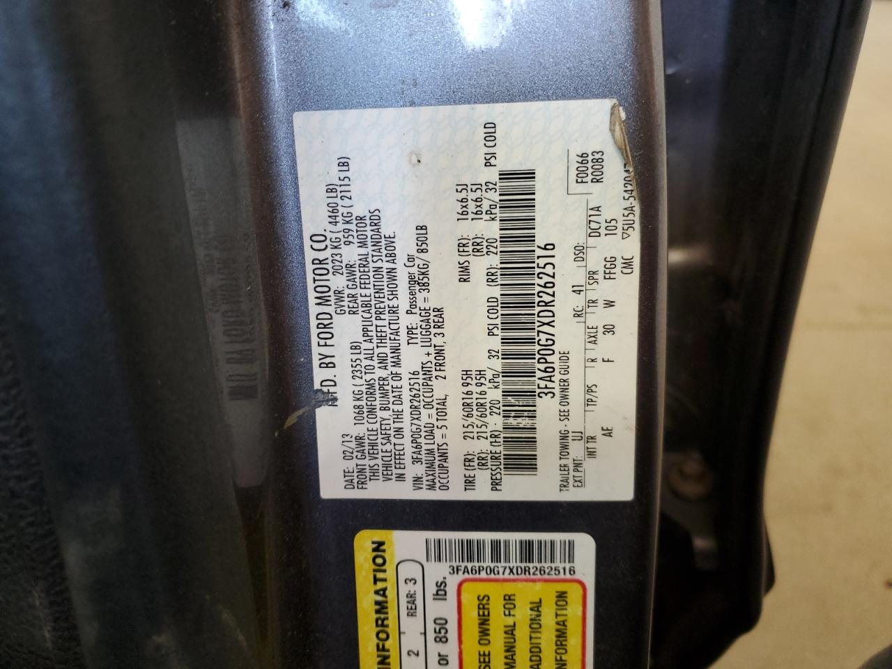 2013 Ford Fusion S VIN: 3FA6P0G7XDR262516 Lot: 54753935