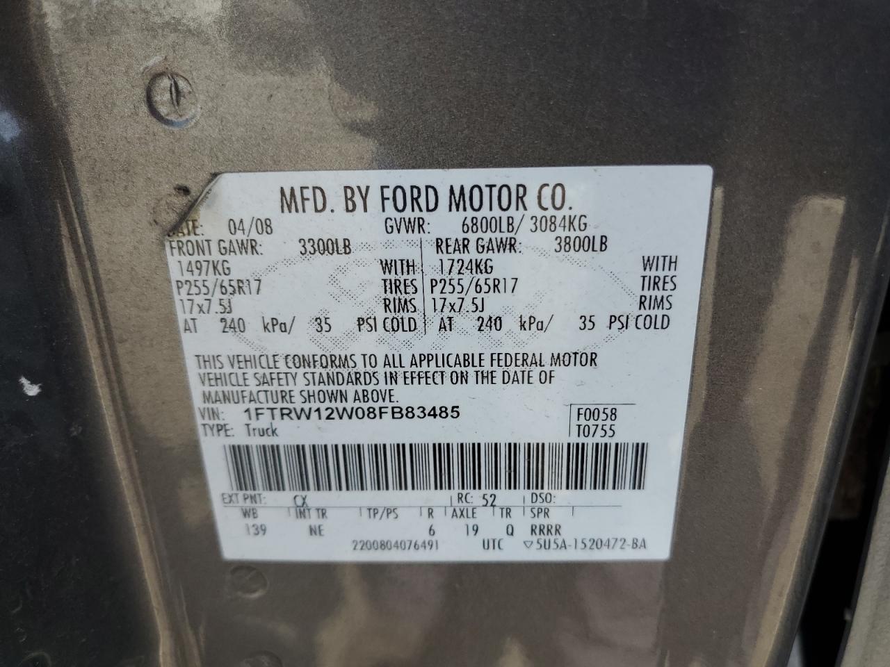 2008 Ford F150 Supercrew VIN: 1FTRW12W08FB83485 Lot: 85387545