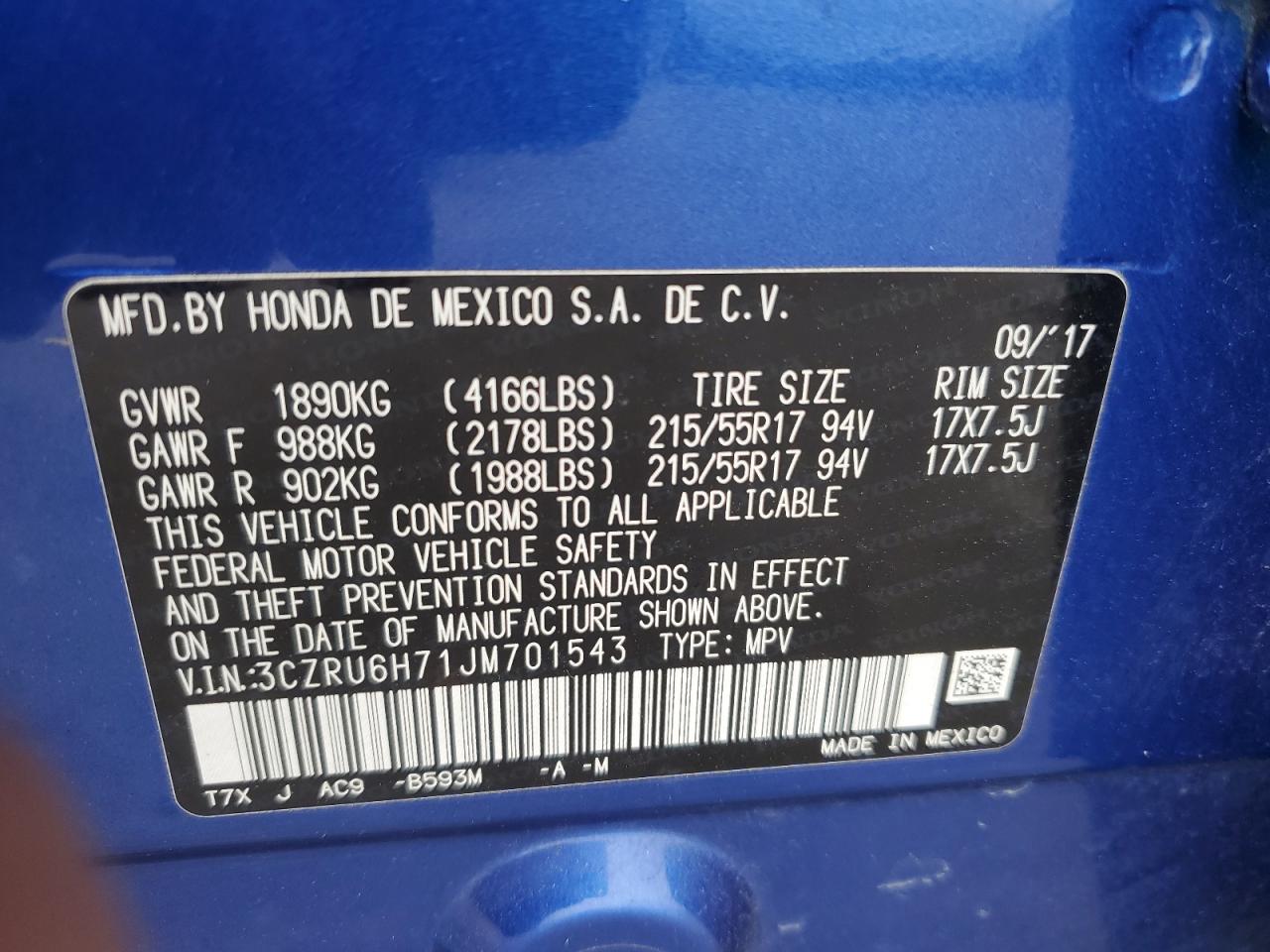 2018 Honda Hr-V Exl VIN: 3CZRU6H71JM701543 Lot: 53788405