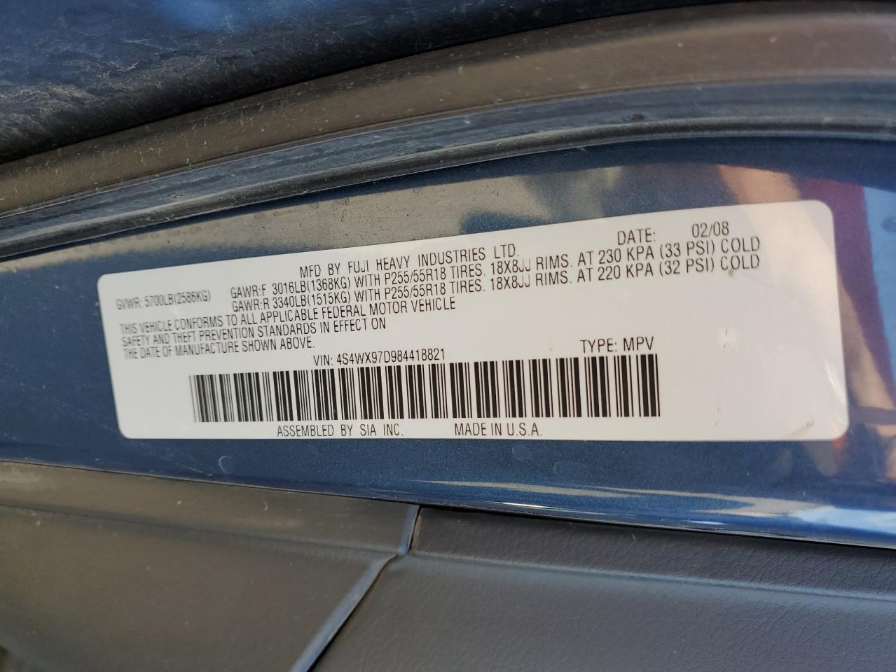 2008 Subaru Tribeca Limited VIN: 4S4WX97D984418821 Lot: 53115245