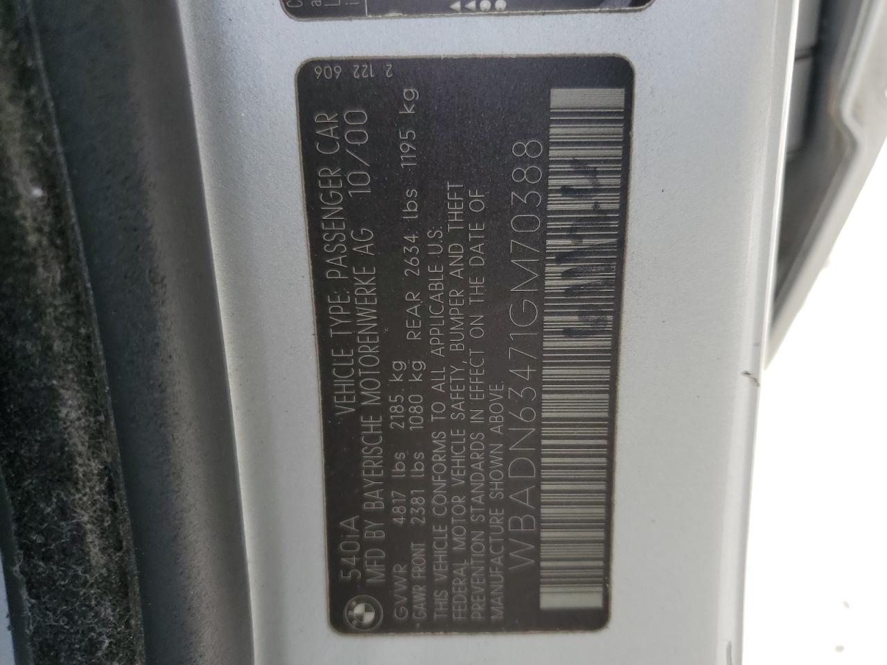 2001 BMW 540 I Automatic VIN: WBADN63471GM70388 Lot: 46208335