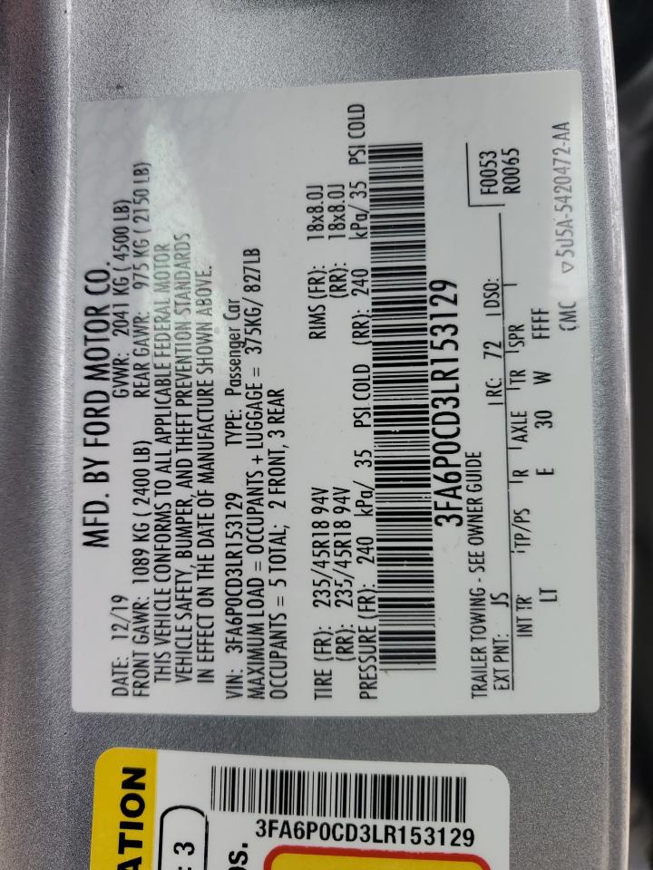 2020 Ford Fusion Sel VIN: 3FA6P0CD3LR153129 Lot: 83965955