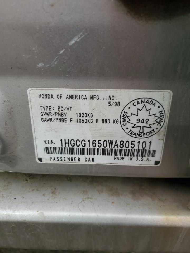 1998 Honda Accord Ex VIN: 1HGCG1650WA805101 Lot: 53645605