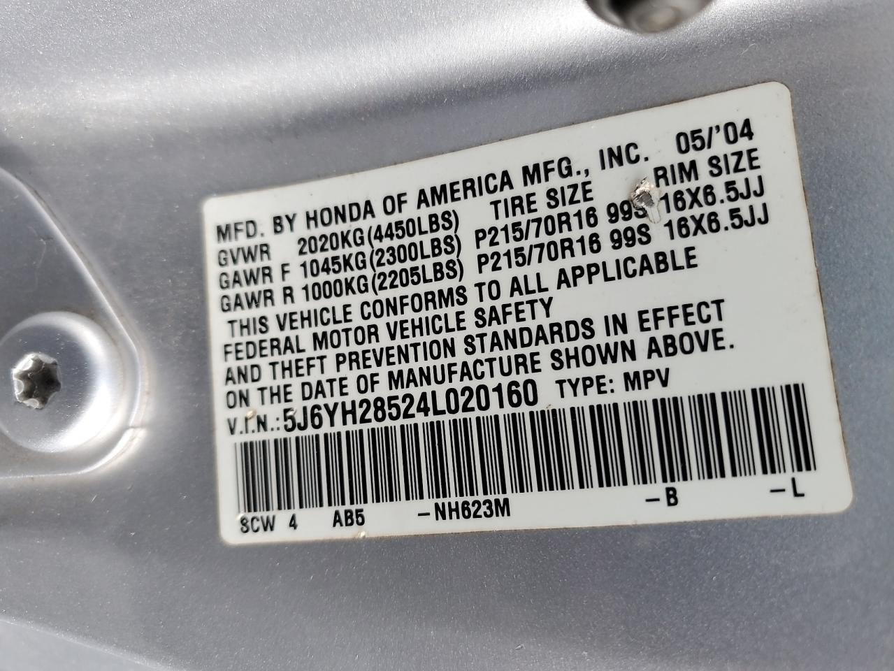2004 Honda Element Ex VIN: 5J6YH28524L020160 Lot: 53861045