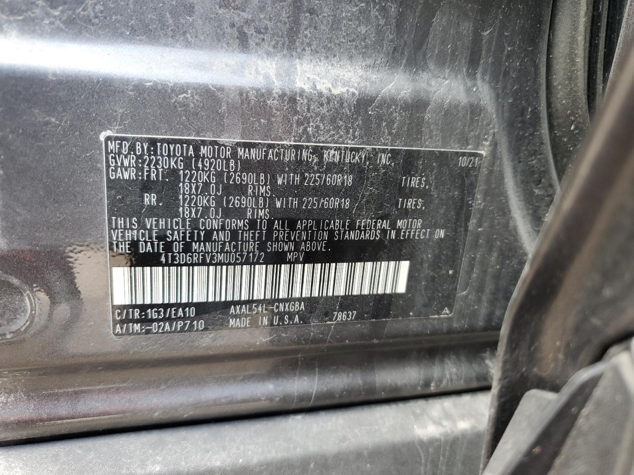 2021 Toyota Rav4 Limited VIN: 4T3D6RFV3MU057172 Lot: 54930875