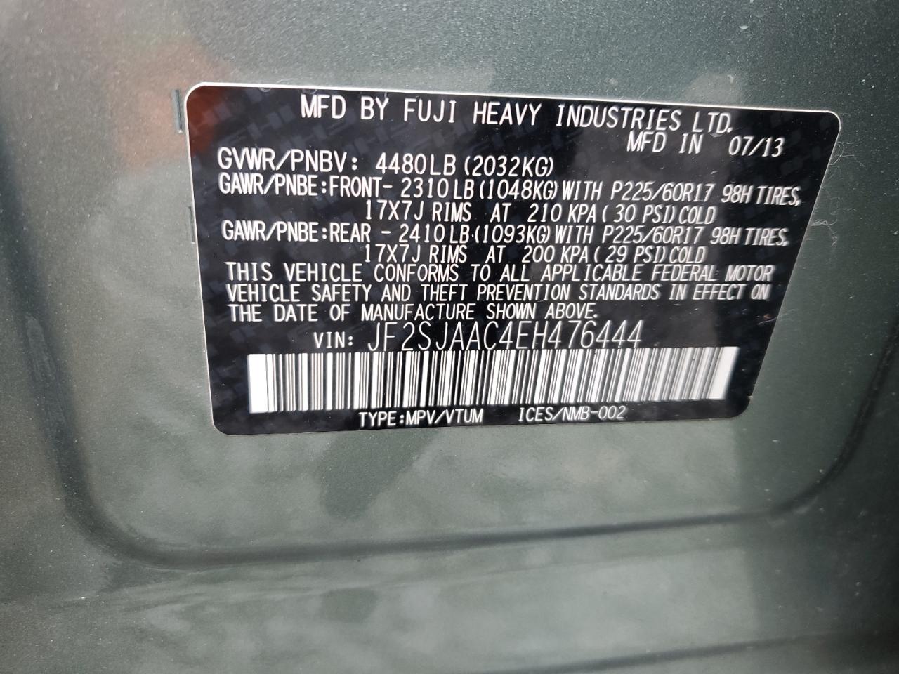 2014 Subaru Forester 2.5I VIN: JF2SJAAC4EH476444 Lot: 52696805