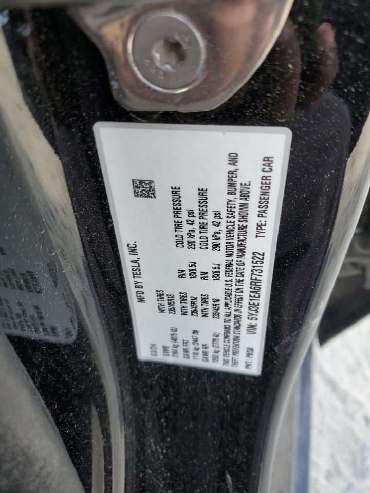 2024 Tesla Model 3 VIN: 5YJ3E1EA6RF731522 Lot: 52728225