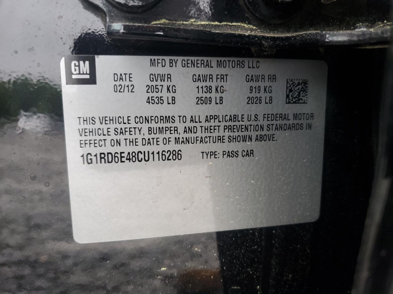 2012 Chevrolet Volt VIN: 1G1RD6E48CU116286 Lot: 54563985