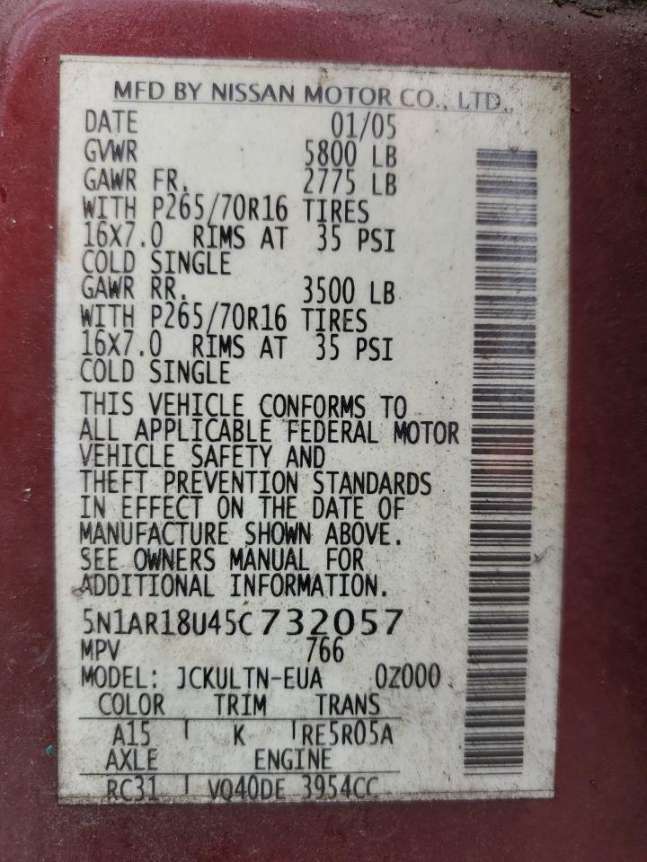 2005 Nissan Pathfinder Le VIN: 5N1AR18U45C732057 Lot: 53700425