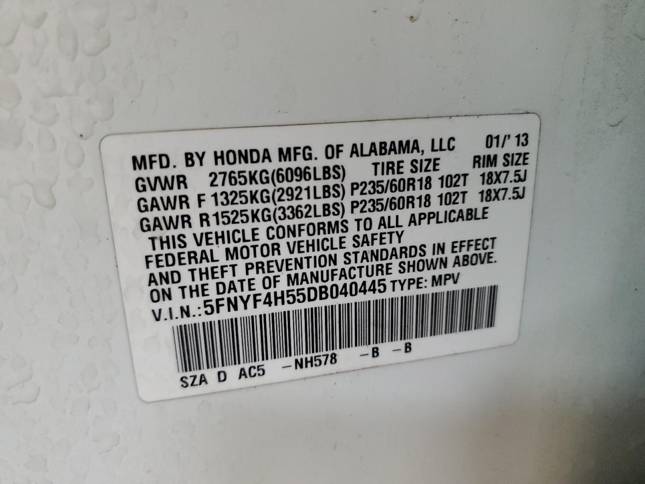 2013 Honda Pilot Exl VIN: 5FNYF4H55DB040445 Lot: 53467285