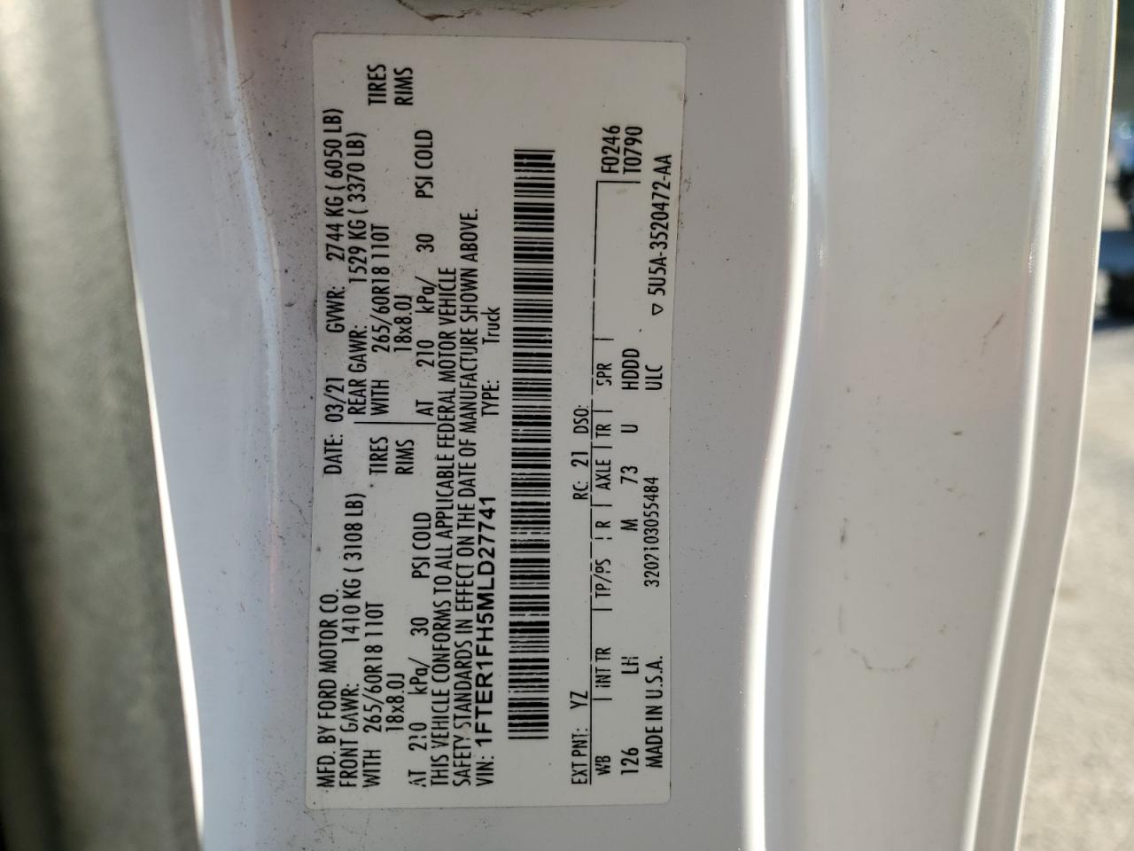 2021 Ford Ranger Xl VIN: 1FTER1FH5MLD27741 Lot: 51936535