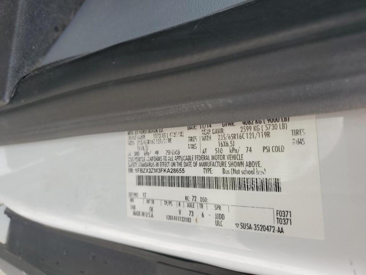 1FBZX2ZM3FKA28655 2015 Ford Transit T-350