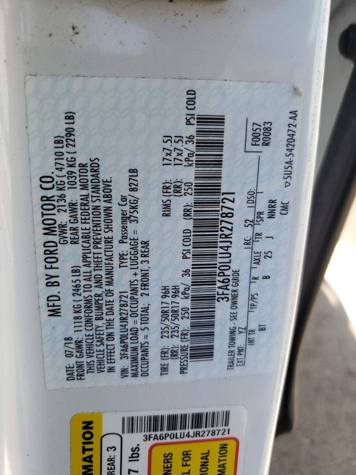 2018 Ford Fusion Se Hybrid VIN: 3FA6P0LU4JR278721 Lot: 54024665