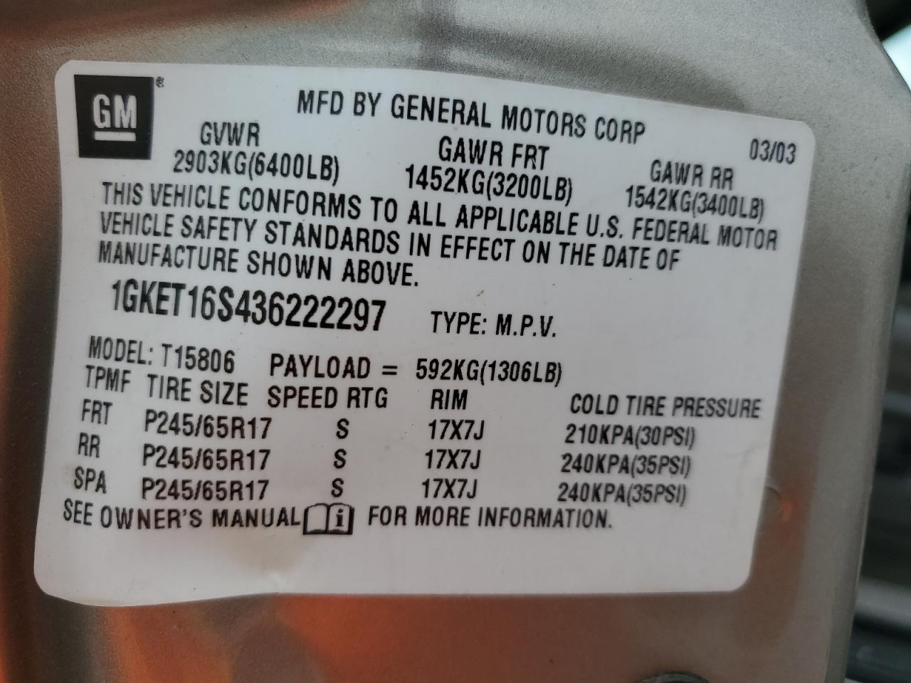 2003 GMC Envoy Xl VIN: 1GKET16S436222297 Lot: 54611135