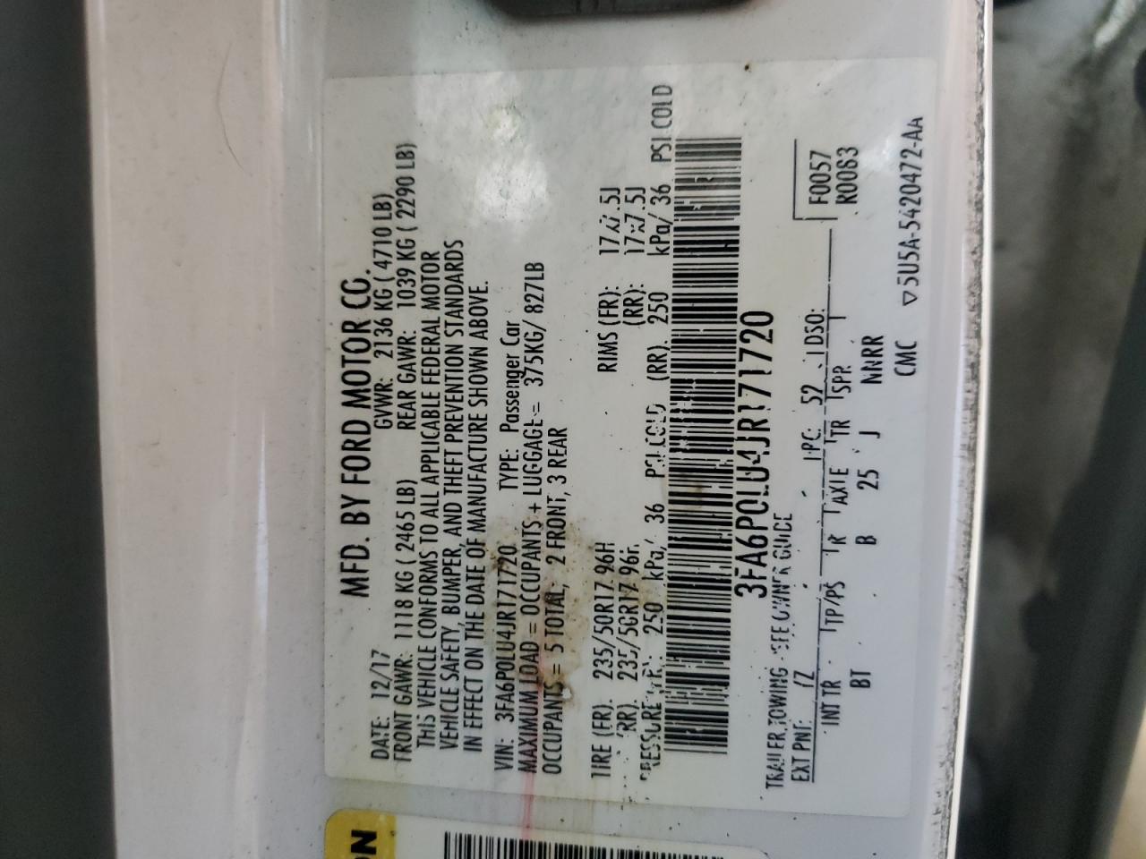 2018 Ford Fusion Se Hybrid VIN: 3FA6P0LU4JR171720 Lot: 54026525