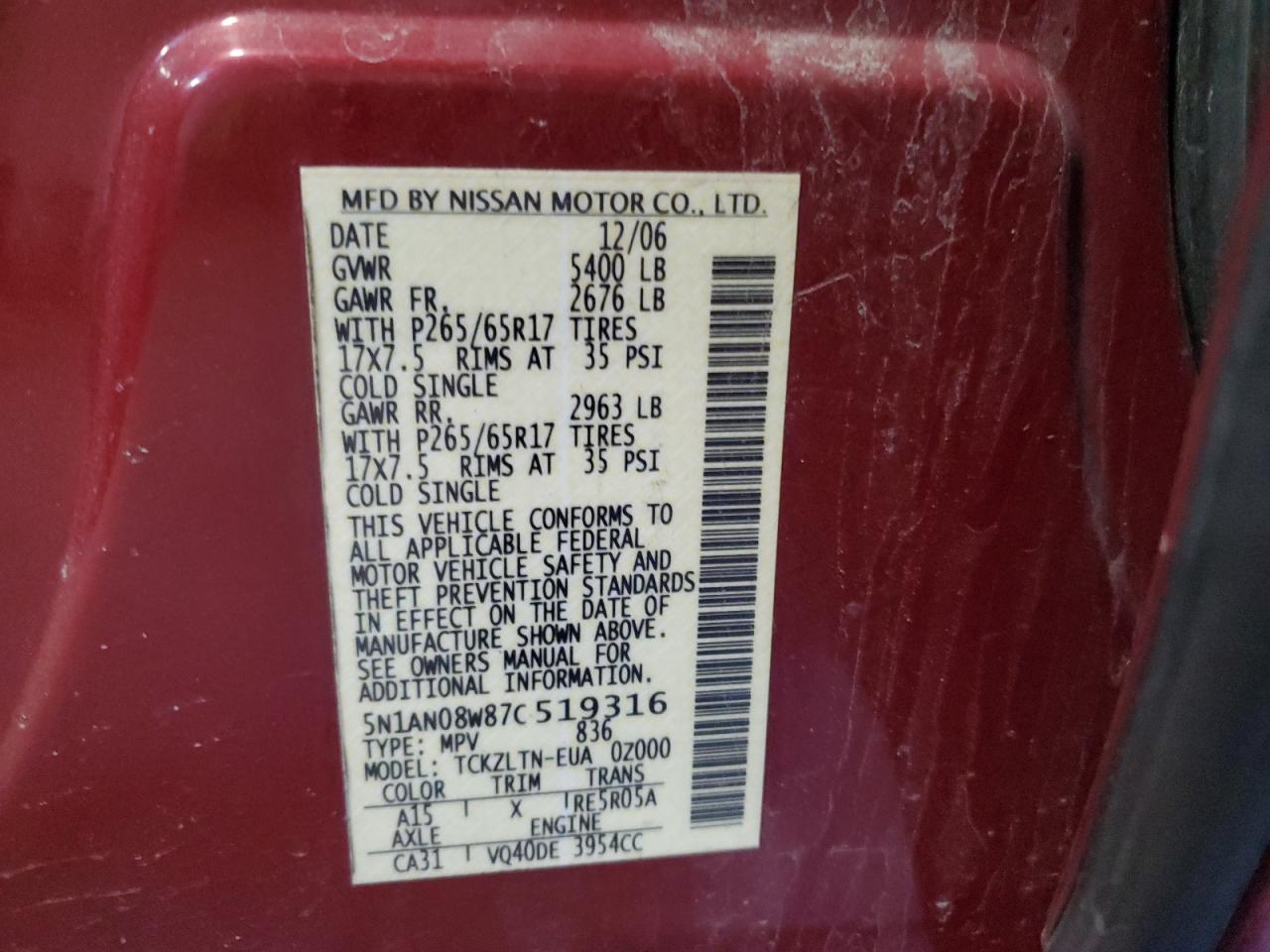 2007 Nissan Xterra Off Road VIN: 5N1AN08W87C519316 Lot: 53775495
