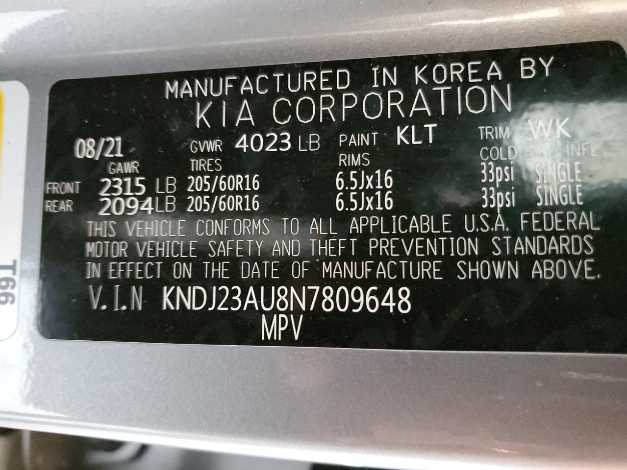 2022 Kia Soul Lx VIN: KNDJ23AU8N7809648 Lot: 53400245