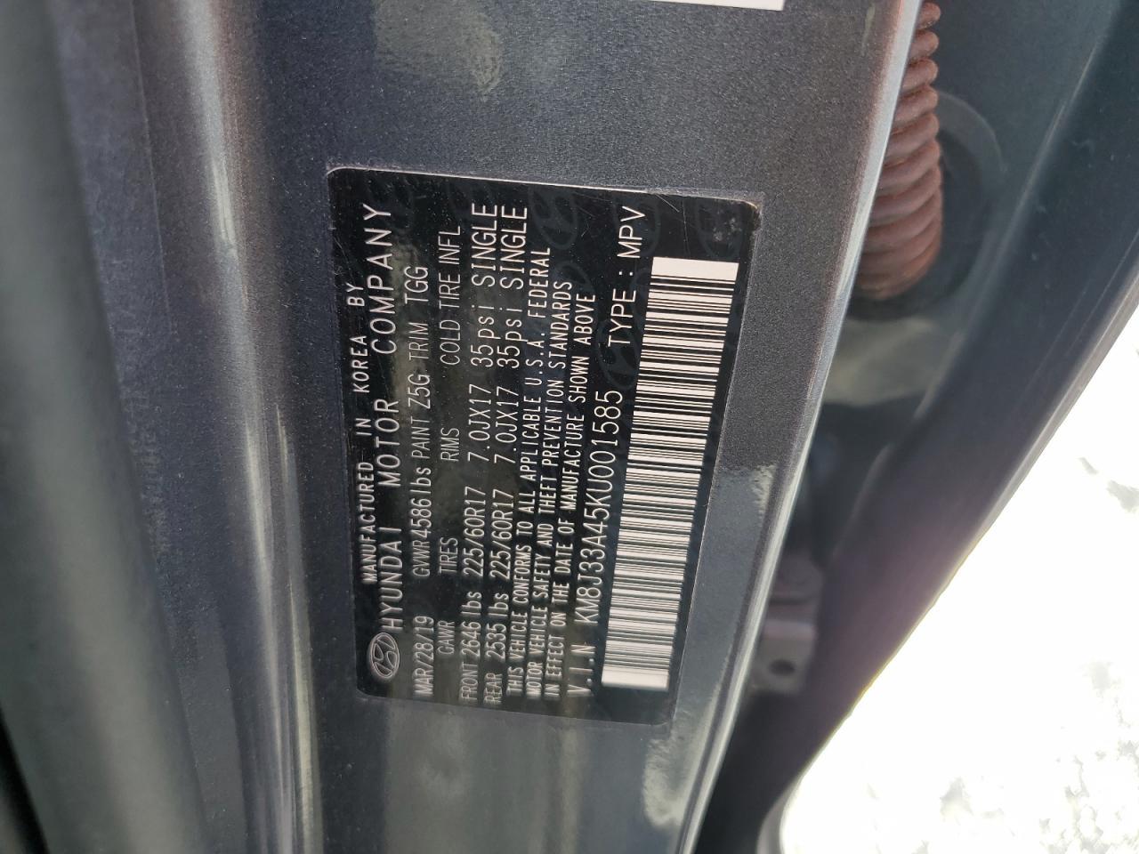 2019 Hyundai Tucson Limited VIN: KM8J33A45KU001585 Lot: 51067345