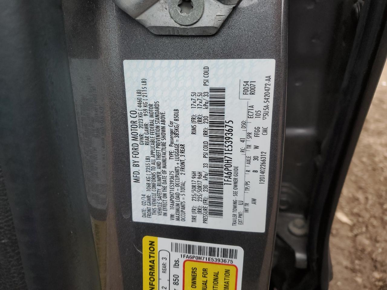 2014 Ford Fusion Se VIN: 1FA6P0H71E5393675 Lot: 59418505