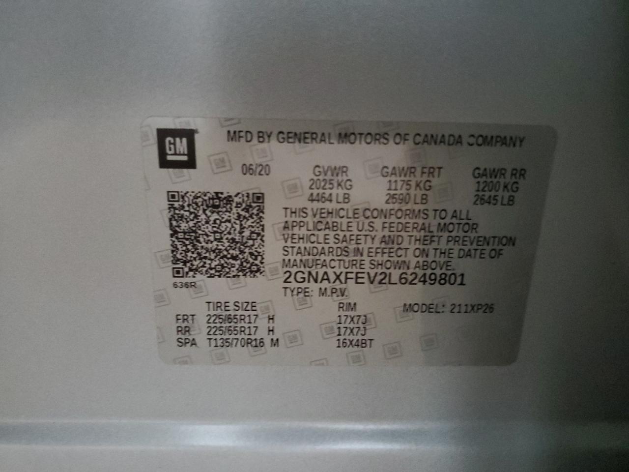 2020 Chevrolet Equinox VIN: 2GNAXFEV2L6249801 Lot: 54223485