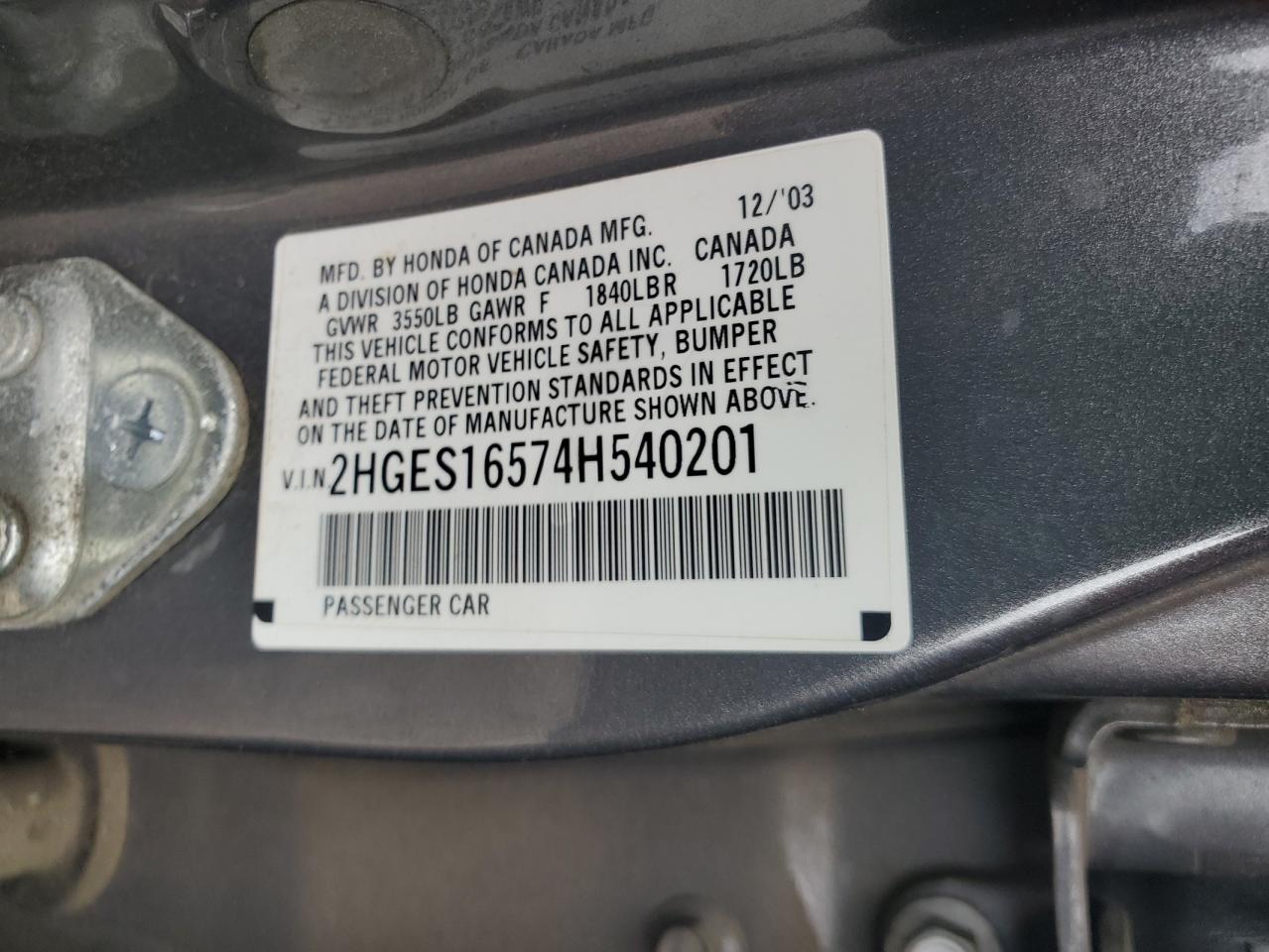 2004 Honda Civic Lx VIN: 2HGES16574H540201 Lot: 54065485