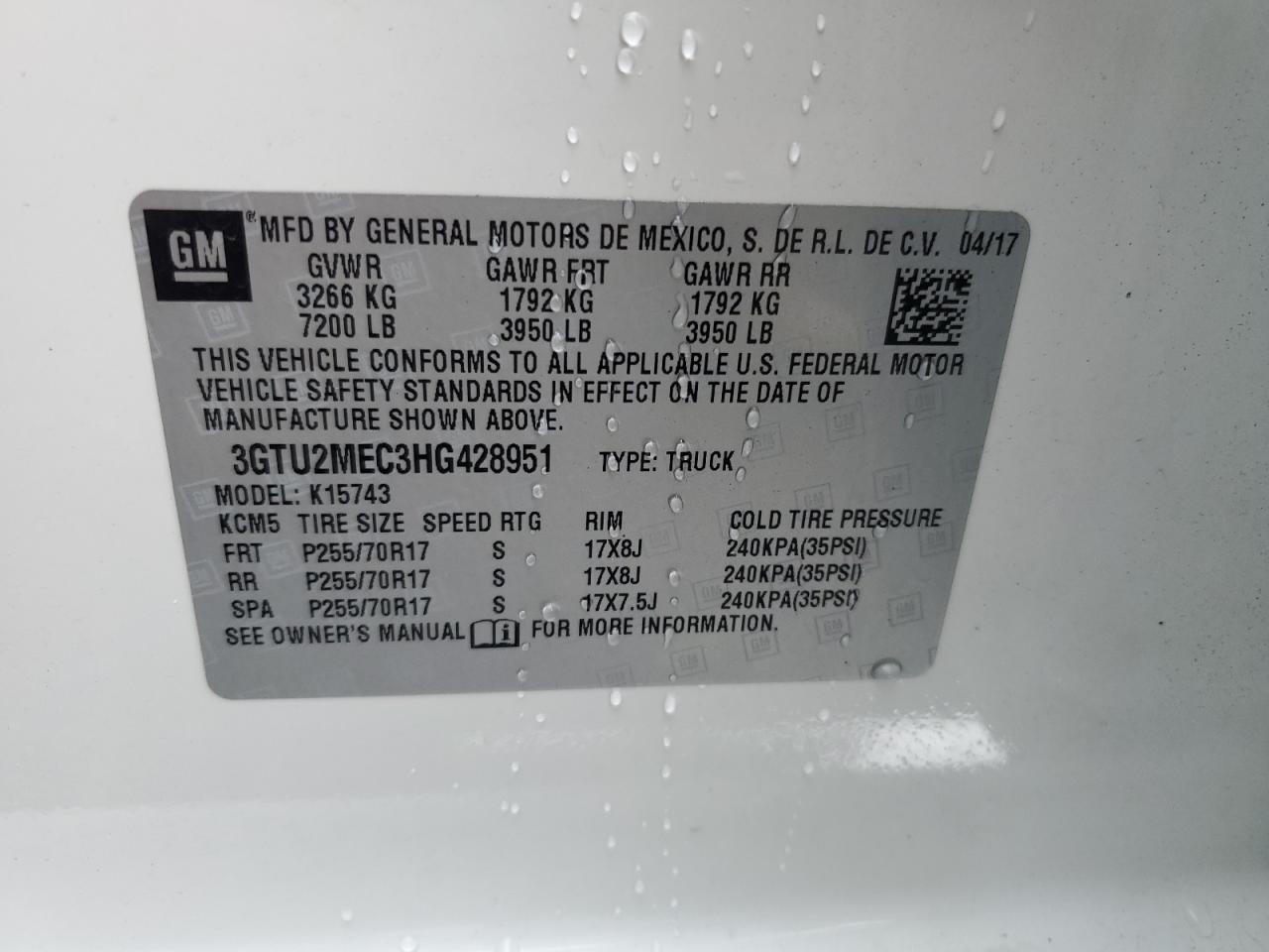 2017 GMC Sierra K1500 Sle VIN: 3GTU2MEC3HG428951 Lot: 54337895