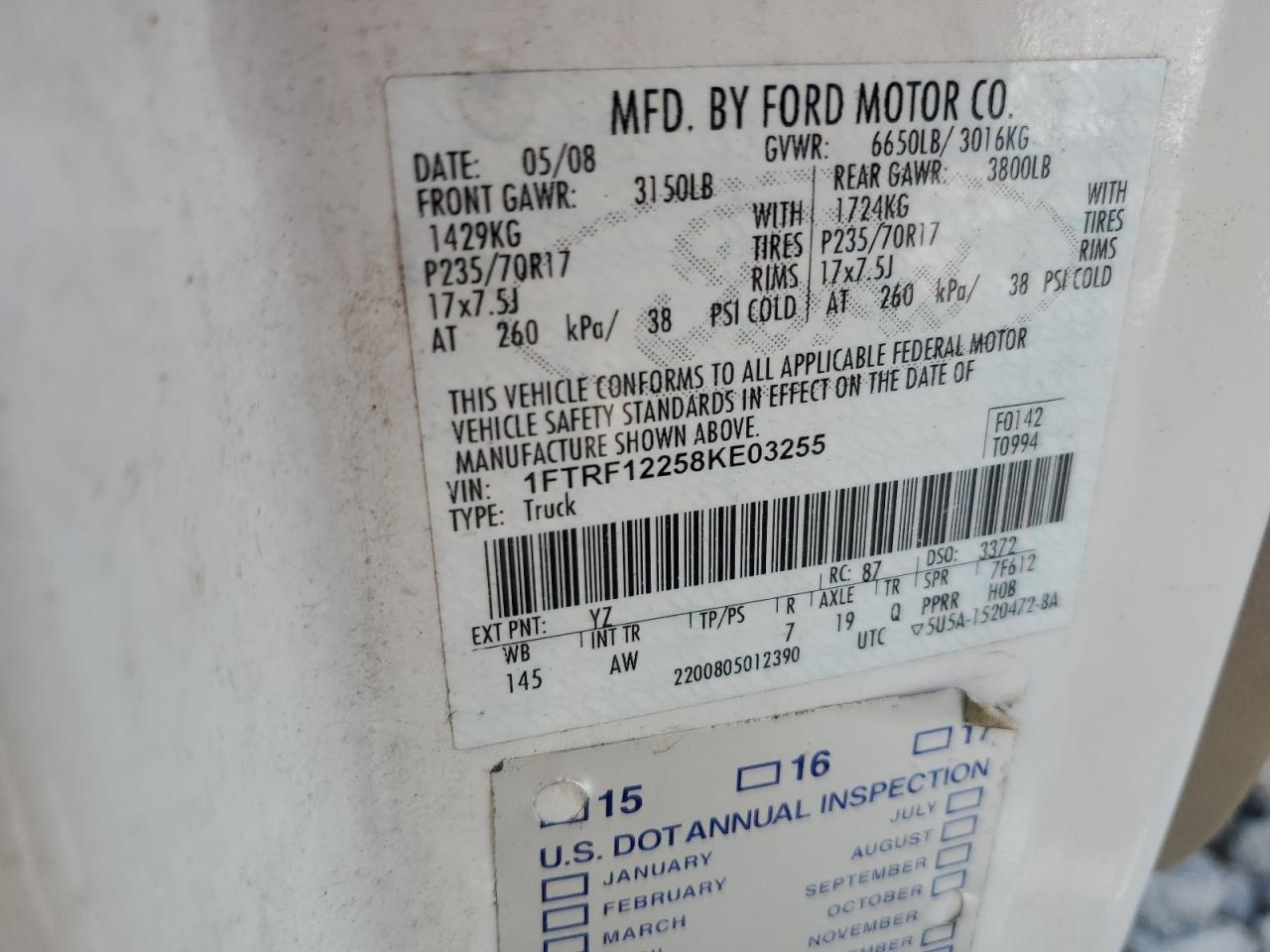 2008 Ford F150 VIN: 1FTRF12258KE03255 Lot: 51788315