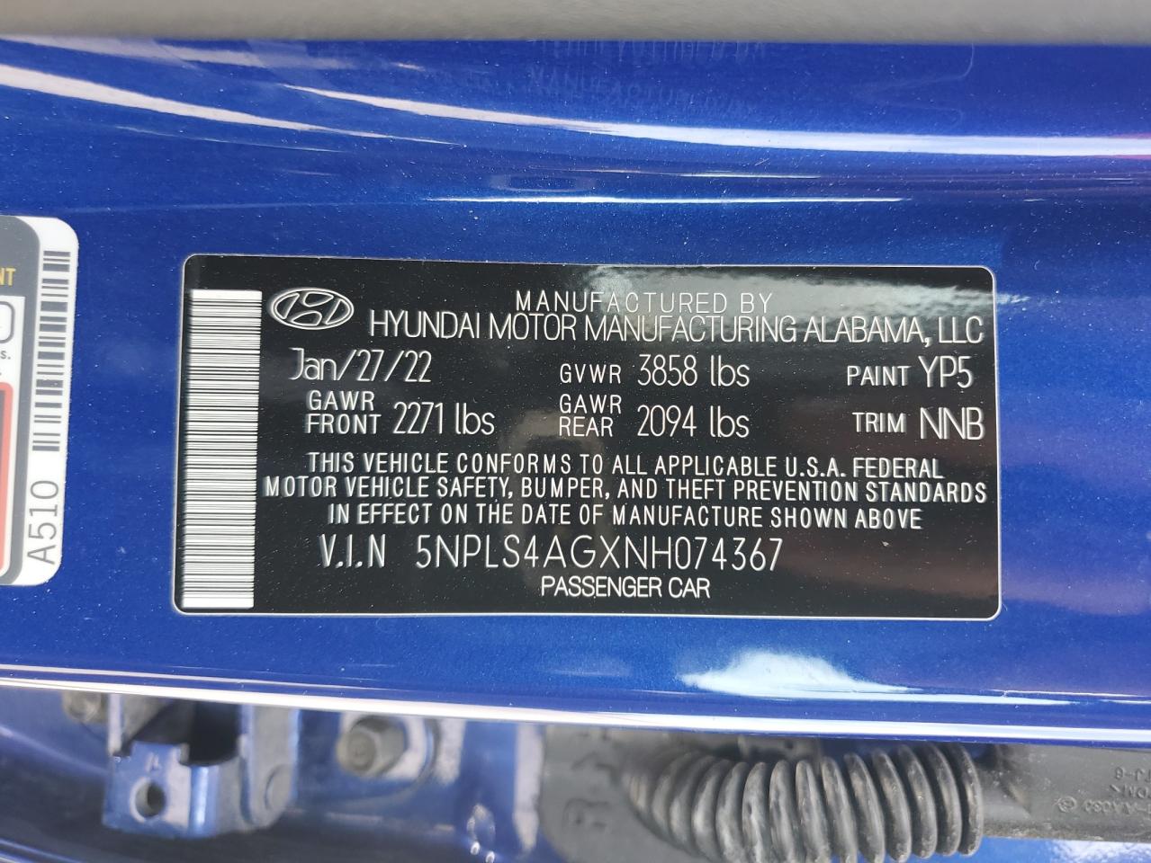 2022 Hyundai Elantra Sel VIN: 5NPLS4AGXNH074367 Lot: 54889415