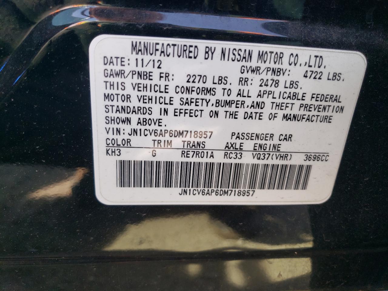 2013 Infiniti G37 Base VIN: JN1CV6AP6DM718957 Lot: 55287335