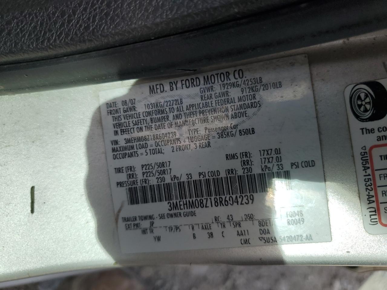 2008 Mercury Milan Premier VIN: 3MEHM08Z18R604239 Lot: 53953915