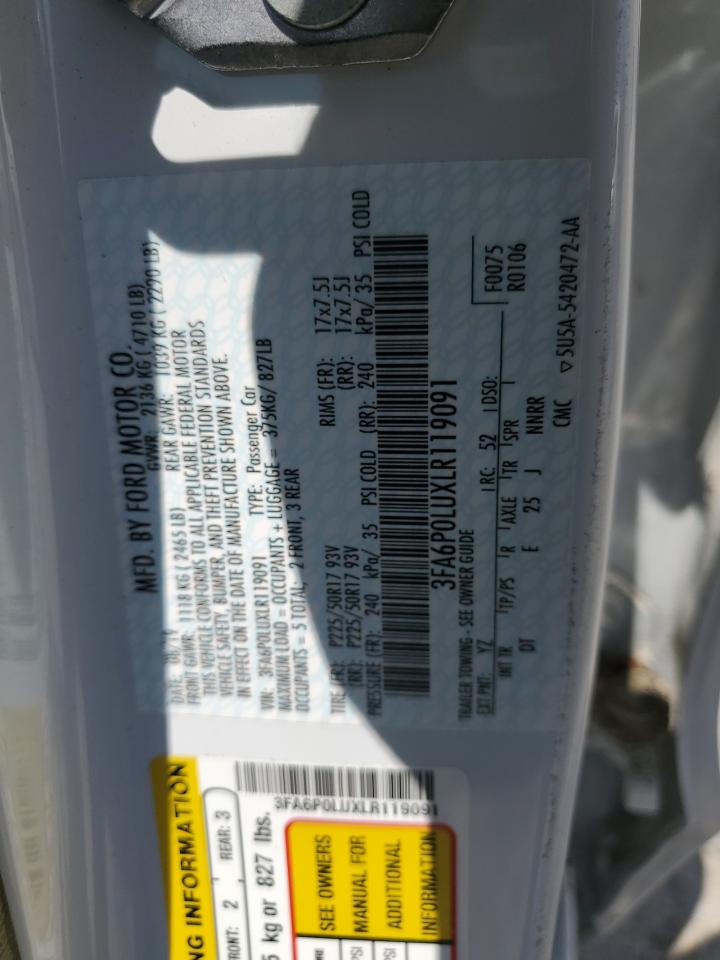 2020 Ford Fusion Se VIN: 3FA6P0LUXLR119091 Lot: 54024565