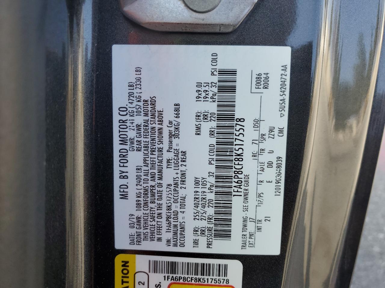 2019 Ford Mustang Gt VIN: 1FA6P8CF8K5175578 Lot: 54010885