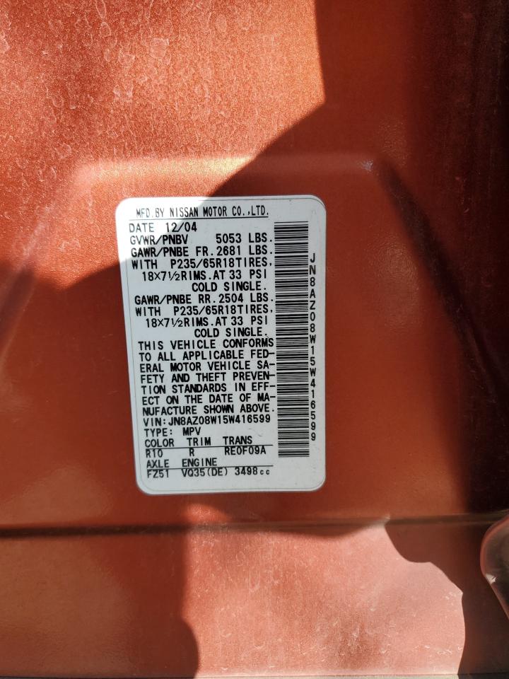 2005 Nissan Murano Sl VIN: JN8AZ08W15W416599 Lot: 55290555