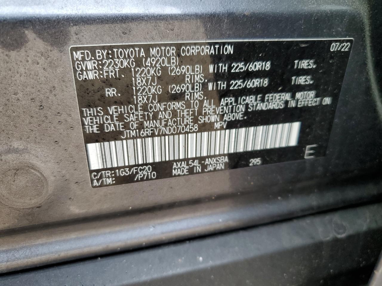2022 Toyota Rav4 Se VIN: JTM16RFV7ND070458 Lot: 53936925