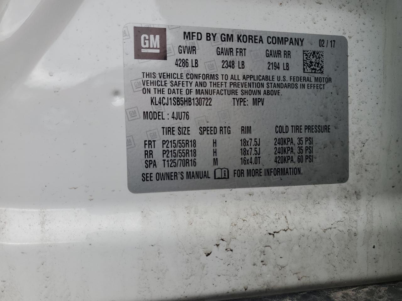VIN: KL4CJ1SB5HB130722 2017 BUICK ENCORE