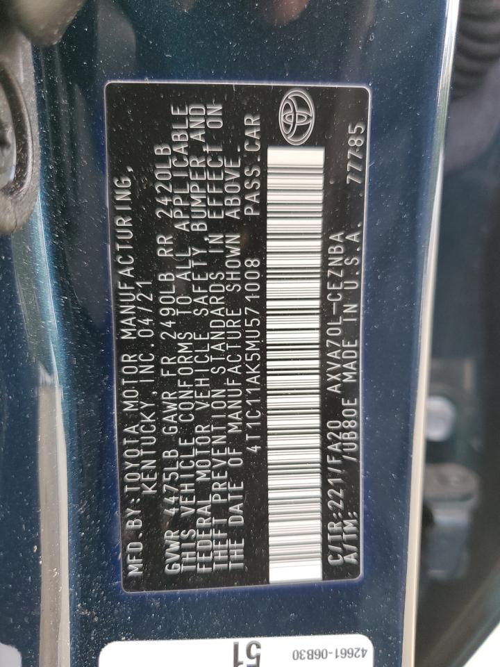 2021 Toyota Camry Le VIN: 4T1C11AK5MU571008 Lot: 54995485