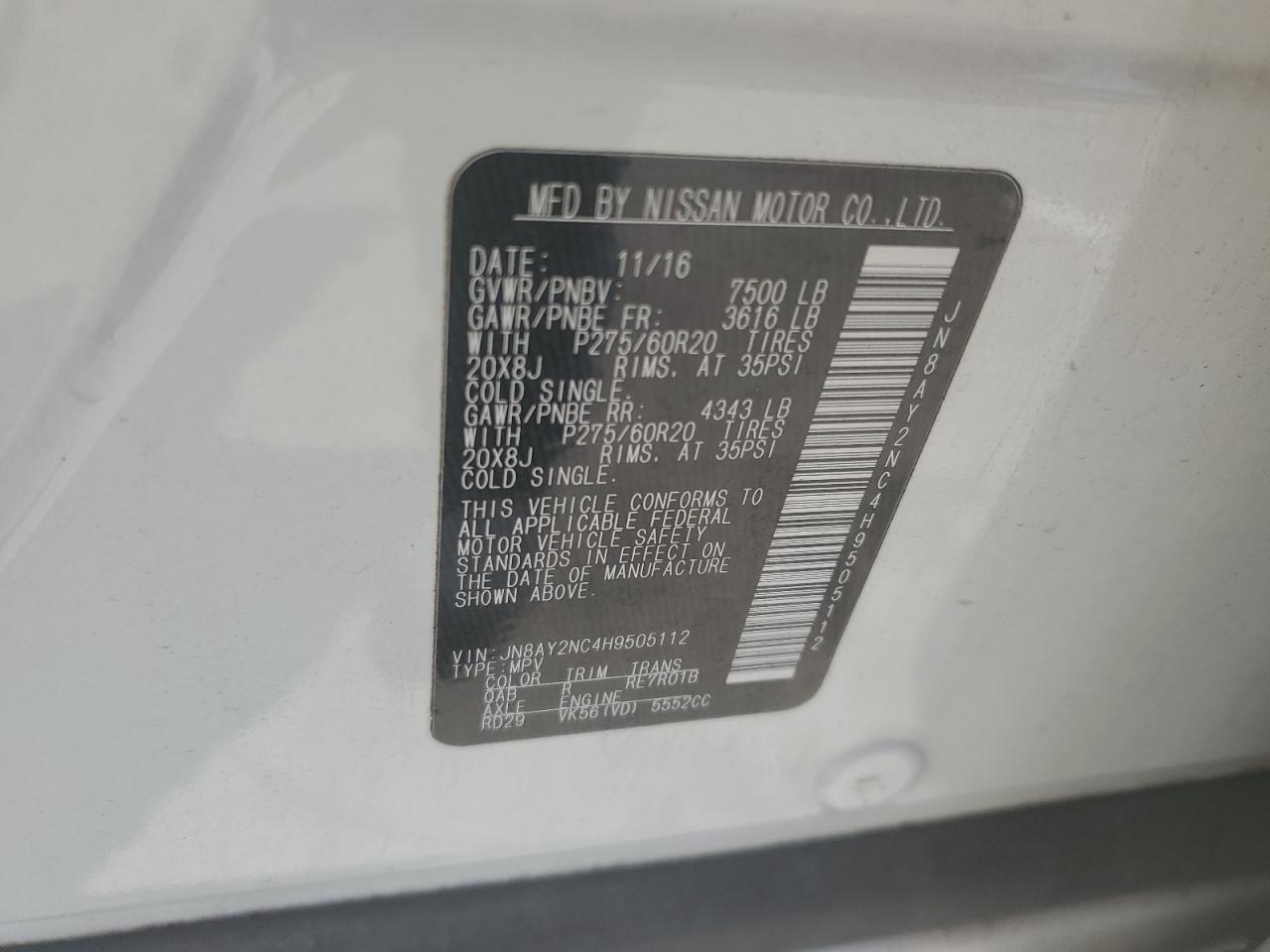 2017 Nissan Armada Sv VIN: JN8AY2NC4H9505112 Lot: 51912125
