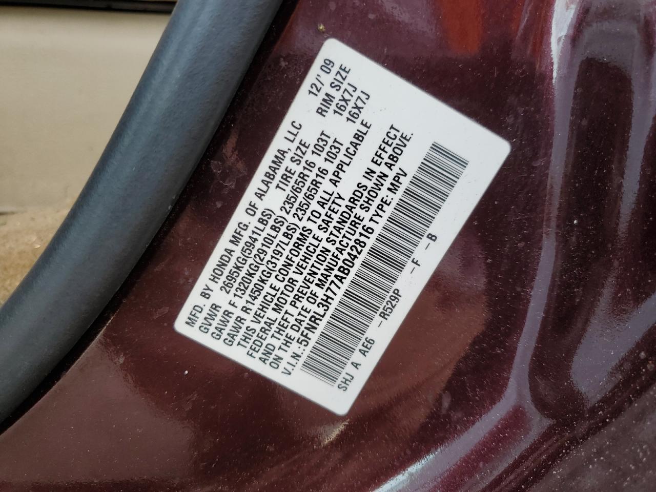 2010 Honda Odyssey Exl VIN: 5FNRL3H77AB042816 Lot: 54773875