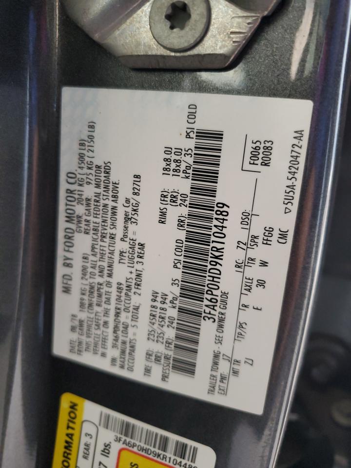 2019 Ford Fusion Se VIN: 3FA6P0HD9KR104489 Lot: 53401055
