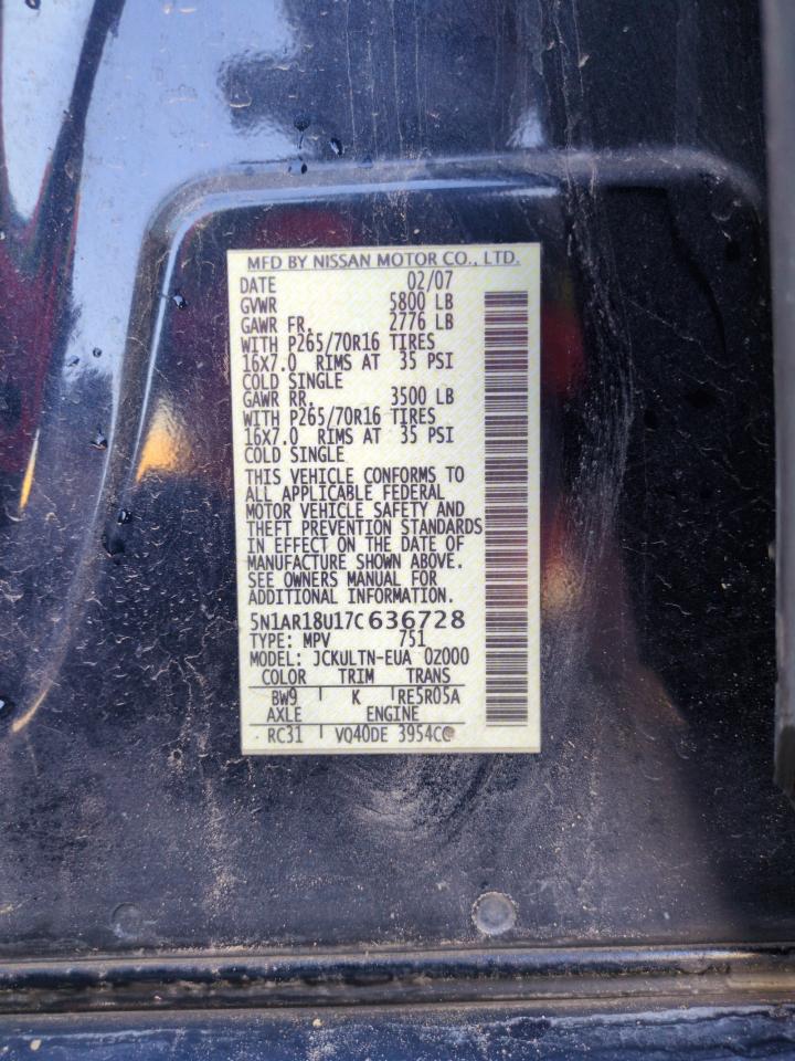 2007 Nissan Pathfinder Le VIN: 5N1AR18U17C636728 Lot: 53712165