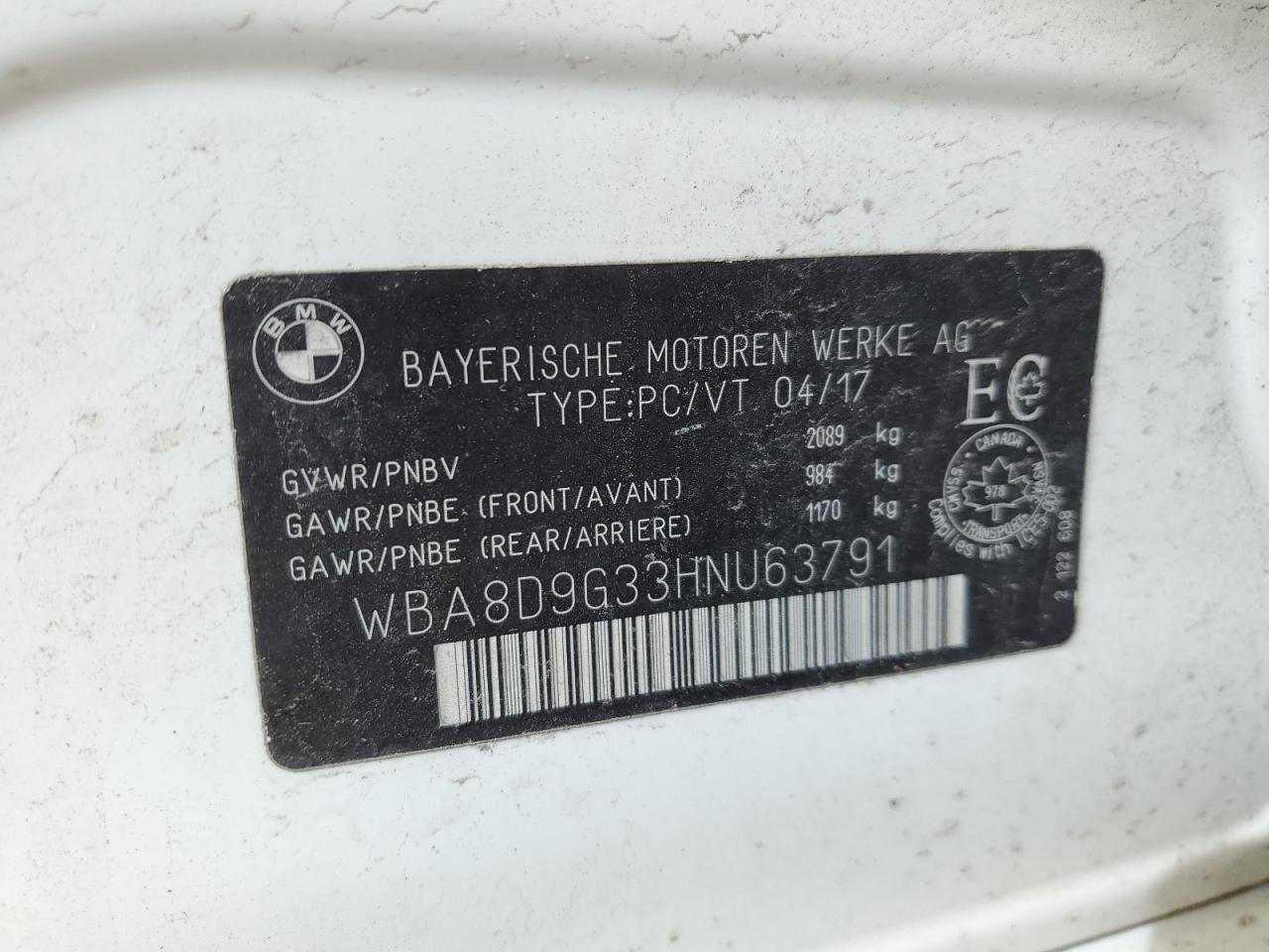 2017 BMW 330 Xi VIN: WBA8D9G33HNU63791 Lot: 52873135