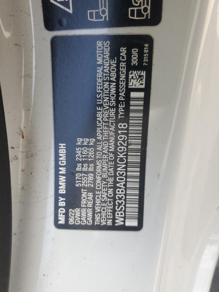 2022 BMW M4 Competition VIN: WBS33BA03NCK92918 Lot: 54495345