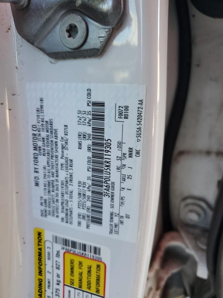 2019 Ford Fusion Se VIN: 3FA6P0LU5KR119305 Lot: 54041605